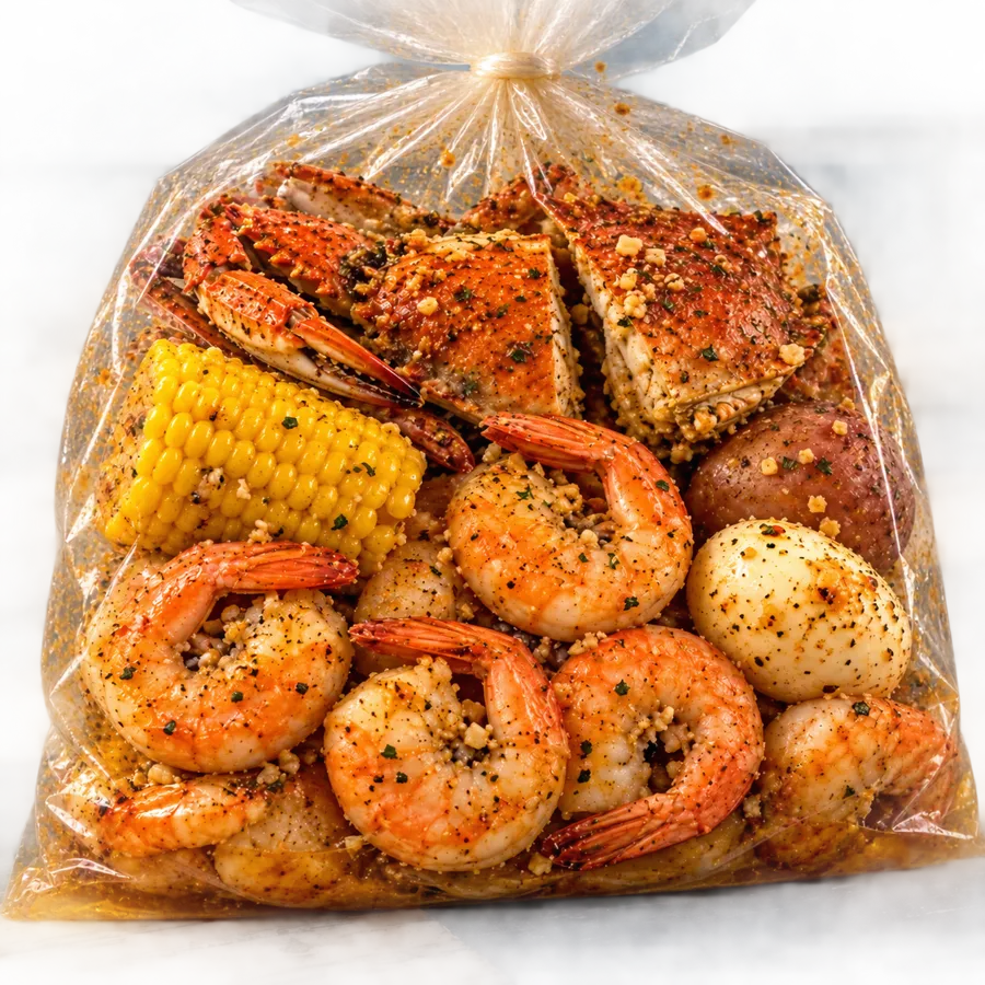 Lil Droopy cooked seafood boil in a clear oven bag