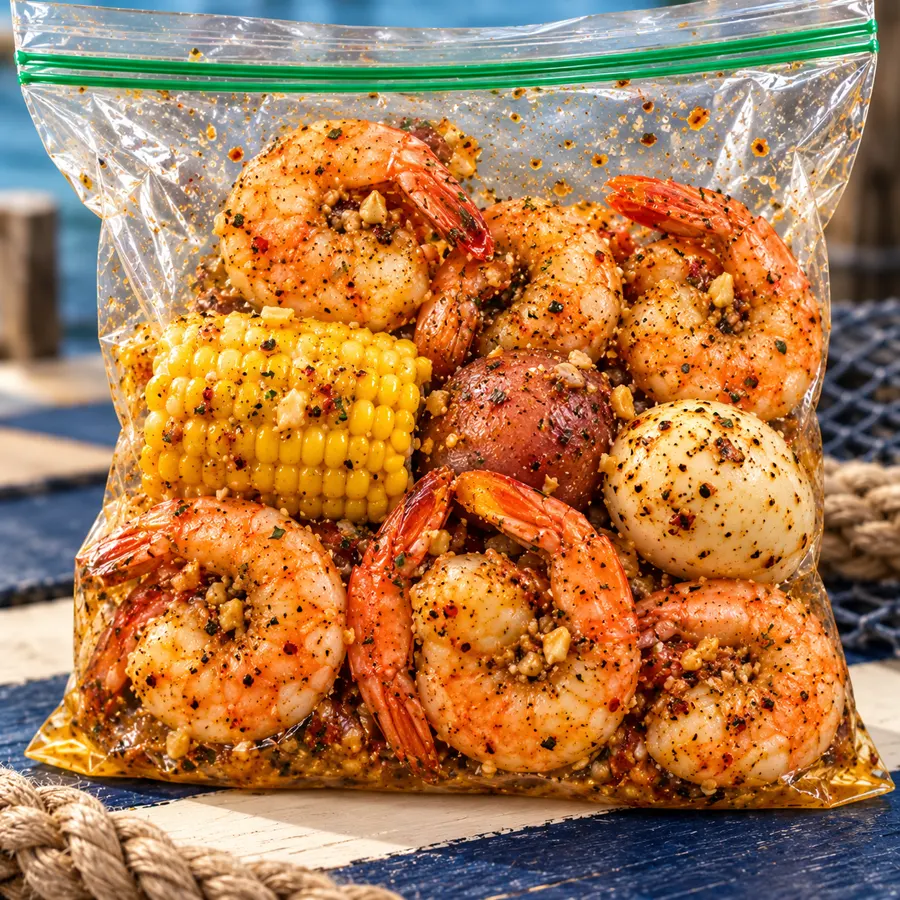 Cooked Droopy D’s shrimp boil bag