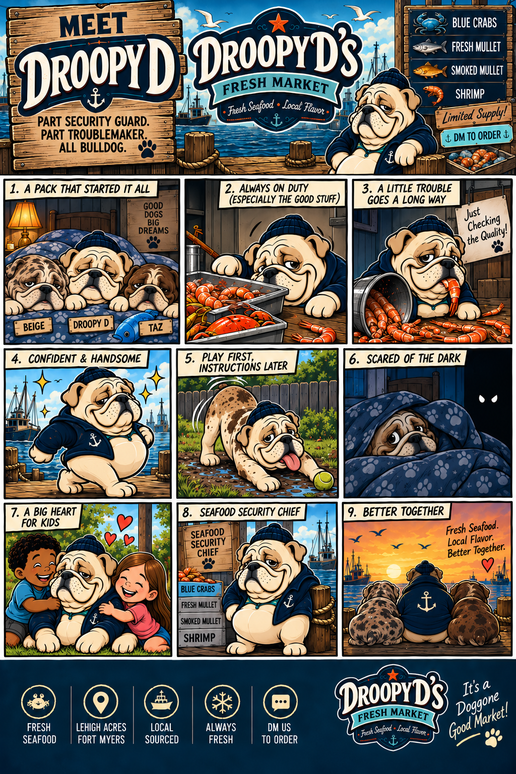 Meet Droopy D comic showing the bulldog mascot’s personality and role as Seafood Security Chief